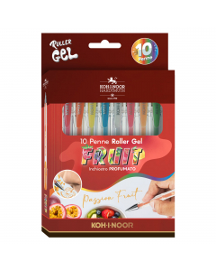 Astuccio con 10 roller con punta in metallo. Fusto trasparente e clip colorata dello stesso colore dell'inchiostro.
Colore inchiostro: fruit.