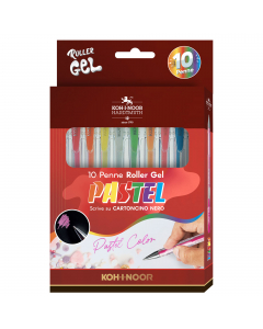 Astuccio con 10 roller con punta in metallo. Fusto trasparente e clip colorata dello stesso colore dell'inchiostro.
Colore inchiostro: pastel.