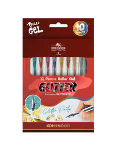 Astuccio con 10 roller con punta in metallo. Fusto trasparente e clip colorata dello stesso colore dell'inchiostro. Colore inchiostro: glitter.