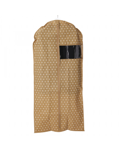 Copriabito in TNT con finestra. Adatta per riporre indumenti. Colore beige con fantasia a cuori. Dimensioni:60x130hcm