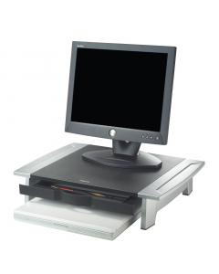 Supporto monitor realizzato in plastica antiurto con altezza regolabile fino 15 cm. Può sostenere monitor e schermi TFT fino ad un peso massimo di 36 Kg. Fornito di vaschetta sottostante per archiviare pratiche e documenti. Dimensioni 36,4 x 50 x 10 cm. P