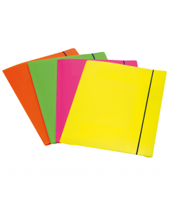Cartelline Fluo Shocking File realizzate in PPL da 0,6mm in 4 vivaci colori fluo. Riciclabili, indistruttibili e resistenti all'umidità. Cartellina 3L dotata di 3 lembi a cordonatura multipla e chiusura con elastico. Formato 25,5x35,5cm. Dorso 3cm.