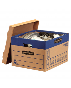 Scatolone fabbricato in robusto cartone ondulato doppio strato su lati e base. Assemblaggio automatico FastFold e chiusura con coperchio senza necessità di nastro adesivo. Icone prestampate e grandi aree etichettabili per identificare velocemente il conte