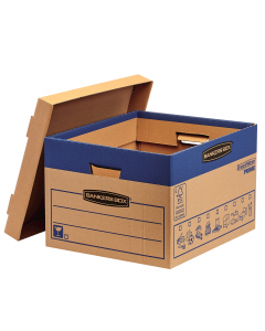 Scatolone fabbricato in robusto cartone ondulato doppio strato su lati e base. Assemblaggio automatico FastFold e chiusura con coperchio senza necessità di nastro adesivo. Icone prestampate e grandi aree etichettabili per identificare velocemente il conte
