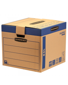 Scatola per traslochi dimensione media. Estrema robustezza grazie al cartone doppio strato. Fori per il sollevamento con maniglia rinforzata. Non necessitano di nastro adesivo per la chiusura. Assemblaggio veloce e semplice grazie al sistema automontante 