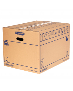 Scatole per traslochi in robusto cartone doppio strato.Assemblaggio manuale e chiusura con nastro adesivo. Maniglia per il trasporto preforata che può essere spinta in dentro in caso di necessità. Prodotto con cartone FSC, 100% RICICLABILE. 67 lt. Dimensi