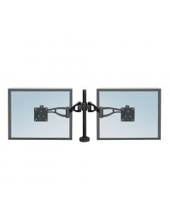 Braccia portamonitor, versione per monitor doppio, regolabile in profondità. aggiustabile in altezza e angolatura per ottimizzare la visione dello schermo. Ingombro minimo dello spazio per la massimizzazione del comfort. Range del morsetto per fissaggio a