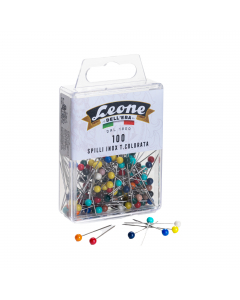 100 spilli in acciaio Inox 304 con testa di plastica colorata 0,60 x 32 mm. Scatola di plastica trasparente appendibile.