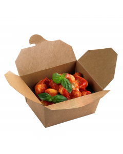 Scatola in carta KRAFT/PE avana cm13x9x6,4h - 750ml. Peso netto unità 24gr.Idoneo al contatto con alimenti caldi(70°C per 2 ore), freddi e solidi. Il prodotto non può essere utilizzato unitamente all'alimento nel forno tradizionale e forno a microonde.Con