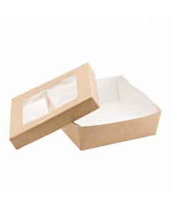 Scatola in carta KRAFT/PE avana con finestra trasparente 14x14x5cm, 1000ml. Peso netto unità 28gr. Idoneo al contatto con alimenti caldi(70°C per 2 ore), freddi e solidi. Il prodotto non può essere utilizzato unitamente all'alimento nel forno tradizionale