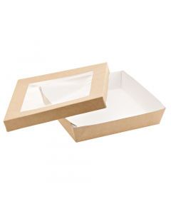 Scatola in carta KRAFT/PE avana con finestra trasparente 18x18x5cm, 1500ml. Peso netto unità 36gr. Idoneo al contatto con alimenti caldi(70°C per 2 ore), freddi e solidi. Il prodotto non può essere utilizzato unitamente all'alimento nel forno tradizionale