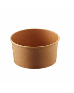 Insalatiera monouso da 1000ml - Ø15x7,5 hcm. Colore avana. Materiale: Poliaccoppiato Carta kraft+pe. Prodotto idoneo al contatto con bevande calde e fredde. Non adatto all'utilizzo unitamente con l'alimento nel forno tradizionale e forno a microonde. Cope