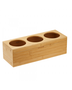 Portabottiglie con tre fori in bamboo. Dimensioni: 42x15,5x13 cm.
