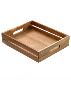 Cassetta in Acacia 32,5x26,5x7h cm. Peso netto unità 530gr. Materiale Acacia. Colore naturale. Legno di Acacia, idoneo al contatto alimentare. Lavabile a mano. Per i cibi caldi,per evitare che si alterino i sapori,si consiglia di evitare il contatto prolu