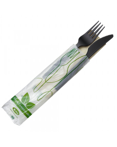 Bis Coltello e forchetta realizzati in CPLA , ovvero PLA Cristallizzato, polimero derivato del mais resistente fino a 85°C. Biodegradabile e compostabile secondo norma EN13432. 
• Dimensioni : posate 16 cm; tovagliolo: 33x33 
• Peso unitario: 12 gr
• Colo