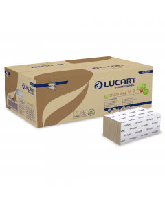 EcoNatural è la linea di prodotti realizzata in Fiberpack®, la materia prima ottenuta dal riciclo delle fibre di cellulosa presenti nei cartoni delle bevande. Asciugamani piegati a V per estrazione singola. Colore avana in Fiberpack® 2 veli, 19,5g goffrat