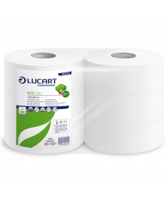 Carta igienica bianca microgoffrata 100% in carta riciclata rigenerata 2 veli microgoffrata. In rotolo MAXI JUMBO 360mt, 973strappi. Diametro rotolo 25,5cm. Diametro anima 7,6cm. Strappo: 9,1x37cm.

Dati tecnici:
Materia prima: 100% in carta riciclata rig