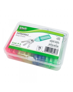 Scatola in plastica trasparente con 15 targhette portachiavi in plastica con anello in metallo. Colori assortiti trasparenti per una facile identificazione da ambo i lati.