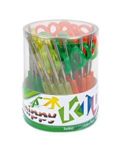 Forbici centimetrate Snippy per bambini mancini con lama in acciaio inox dalla punta arrotondata. Confezionate in barattolo da 24 pezzi.