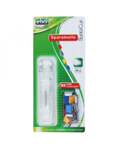 Blister con pistola supaclip completo di 25 molle in colori assortiti. Blocca fino a 20 fogli. CON SUPACLIP COMPLETO DI 25 MOLLE . BLOCCA FINO A 20 FOGLI.