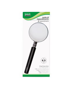Lente di ingrandimento in vetro con impugnatura in ABS colore nero. Diametro della lente 6,5cm. Ingrandimenti x 6.