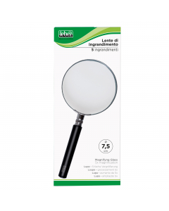 Lente di ingrandimento in vetro con impugnatura in ABS colore nero. Diametro della lente 7,5cm. Ingrandimenti x 5.