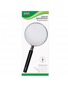 Lente di ingrandimento in vetro con impugnatura in ABS colore nero. Diametro della lente 9cm. Ingrandimenti x 3.