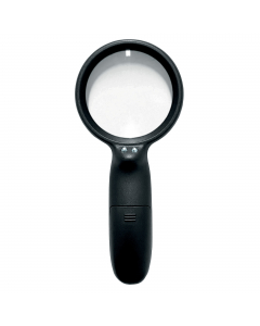 Lente d’ingrandimento con luce a due led; diam. 7,5 cm 2,5 ingrandimenti. Funziona con 2 batterie AAA non incluse