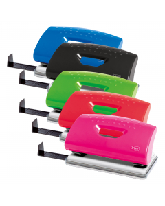 Perforatore 2 fori con impugnatura in ABS e base in metallo.
Guida regolabile e raccoglipunches.
Perfora fino a 10 fogli di carta da 80gr.
Passo 8 cm.
Foro Ø 6 mm. 
Assortito in 5 colori.