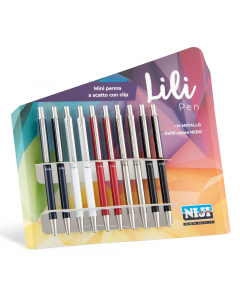 Mini penna a sfera con meccanismo a scatto. In metallo in colori assortiti, Lunghezza 10cm. Ricaricabile con refill 1241. Ideale per agenda.
Tratto 0,5mm