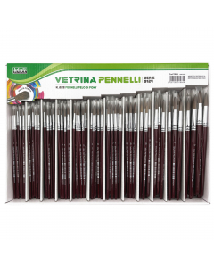 Vetrinette composta da 228 pennelli punta tonda, pelo di poly, manico in legno. Assortimento: 24pz x n¦ 1/2/3/4/5/6/7 12pz x n¦ 8/9/10/11/12