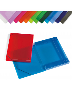 Cartelline in polipropilene con elastico e alette ad incastro. Dorso 3cm. Formato 35,5x26,5cm. Assortito in 12 colori. Confezione da 12.