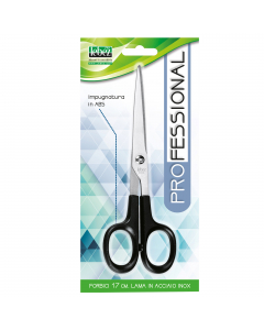 Forbici con lama in acciaio inox. Impugnatura in ABS nera simmetrica. Lunghezza 17cm.