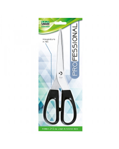 Forbice con lama in acciaio INOX.
Impugnatura simmetrica in ABS nero.
Lunghezza totale 21,5cm.