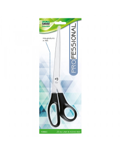 Forbice con lama in acciaio INOX.
Impugnatura asimmetrica in ABS nero.
Lunghezza totale 25cm.