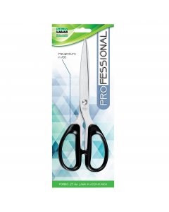 Forbice con lama in acciaio INOX. 
Impugnatura in ABS nero.
Lunghezza totale 21cm.