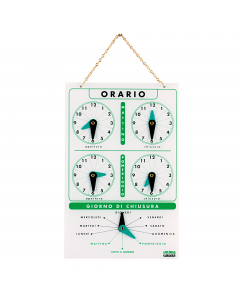 Cartello orario in acrilico da 2mm con catenina in metallo per appendere. Formato: 13x20cm.