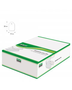 Scatola contenente 1000 cartoncini sagomati con filo per etichettatura a mano. Formato etichetta 13x20mm.