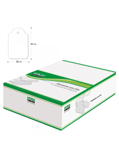 Scatola contenente 500 cartoncini sagomati con filo per etichettatura a mano. Formato etichetta 28x43mm