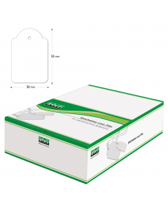 Scatola contenente 500 cartoncini sagomati con filo per etichettatura a mano. Formato etichetta 36x53mm