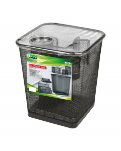 Set scrivania in rete metallica, composto da 6 accessori: sparticarte, cubo portamemo, portapenne, portafermagli, portabiglietti da visita e cestino gettacarte.