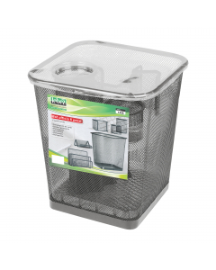 Set scrivania in rete metallica, composto da 6 accessori: sparticarte, cubo portamemo, portapenne, portafermagli, portabiglietti da visita e cestino gettacarte.
