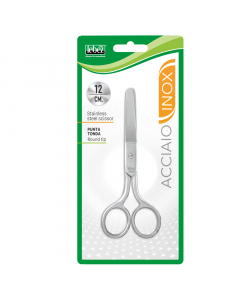 Forbice in acciaio INOX con punta tonda. 
Lunghezza totale compresa la lama 12cm.
In blister.