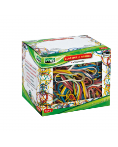Elastici in gomma colorata in misure e colori assortiti in scatola da 500gr.