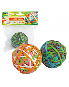 Sfera da 200 elastici (135g) in colori assortiti. Confezione in blister. Dimensione elastico: diametro 50mm, 75x3mm.