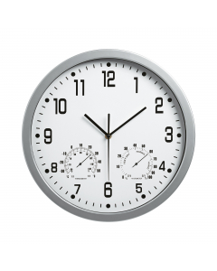 Orologio da parete in ABS con igrometro e indicatore di temperatura, funzionamento a batteria (non inclusa). 
Diametro 35 x 4 cm.
Orologio non dotato di meccanismo silenzioso.