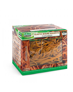 Elastici in puro caucciù a rondella e a fascetta in misure assortite. Scatola da 500gr.
