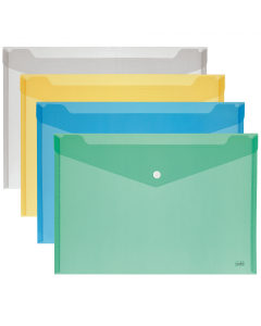 Buste in polipropilene con chiusura con bottone. Confezione assortita in 4 colori. Formato utile: 15,5x11,5cm.