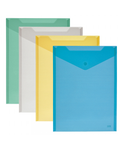 Buste in polipropilene con chiusura a bottone. Confezione assortita in 4 colori. Formato utile: 23,5x32cm.