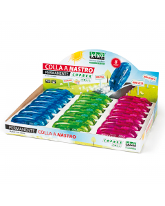 Espositore da banco con 18 colle a nastro Coprex 8 metri Lebez, con involucro traslucido in colori assortiti.